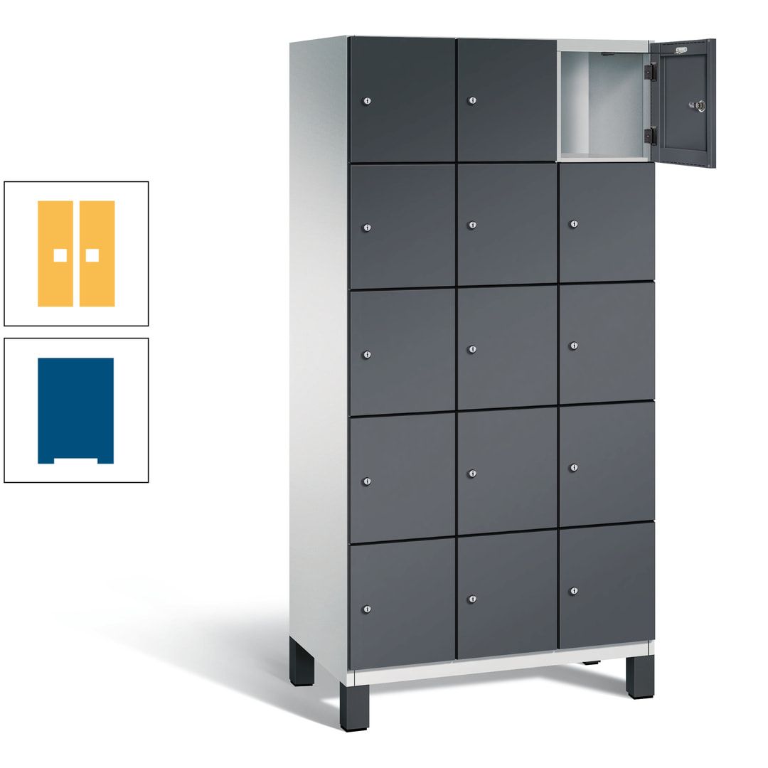Fächerschrank, Stahlschrank, 15 Fächer, Türöffnungsbegrenzer, Füße, 1.980 x 900 x 525 mm (HxBxT), Korpus anthrazitgrau, Front anthrazitgrau