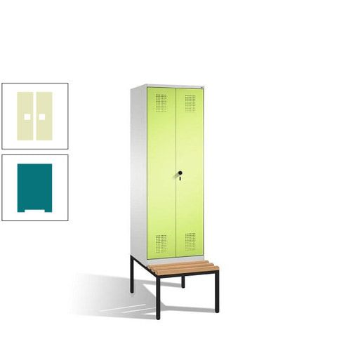 Doppel-Spind, Garderobenschrank, Buche Sitzbank untergebaut, 2 Abteile a 300 mm, Korpus anthrazitgrau, Tür anthrazitgrau, 2.090 x 600 x 815 mm (HxBxT)