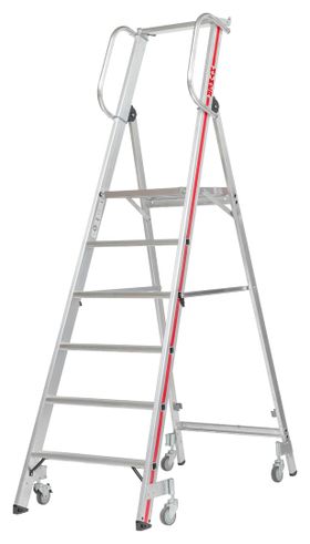 Plattformleiter mit kurzem Handlauf, Alu, vier schwenkbare Federrollen, Rutschhemmung R11, Leiterlänge wählbar, 4 - 6 Stufen, Traglast 150 kg, Hymer