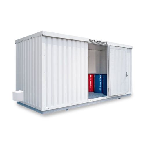 Isolierter Gefahrstoffcontainer - 2.520 x 5.080 x 2.170 mm (HxBxT) - Auffangvolumen 1.450 l - Dauerlüfter - Doppelflügeltür kurze Seite
