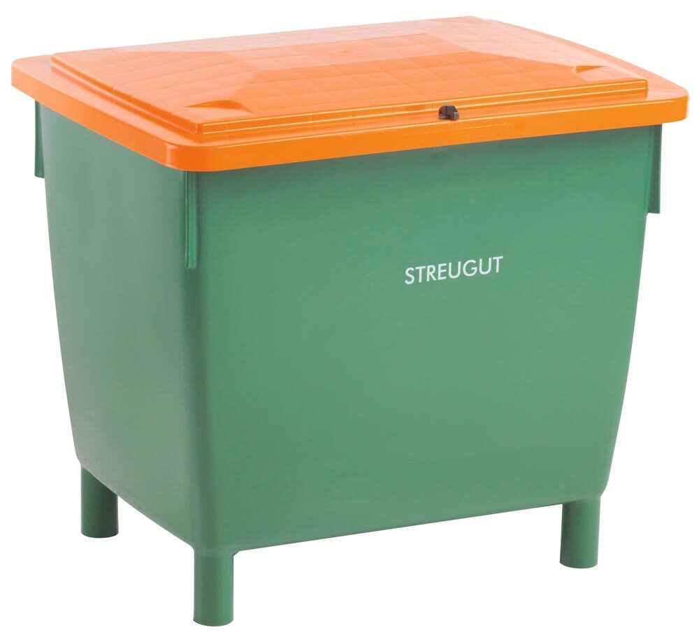 HDPE Universalbehälter für Streugut und andere Stoffe, robust und abschließbar, 210 l Volumen, 775 x 790 x 605 mm (HxBxT), grün/orange