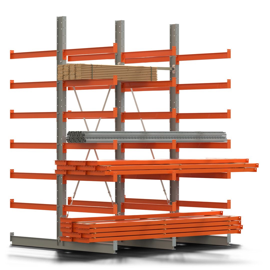 Doppelseitiges Kragarmregal, 2 Felder, 3.000 x 2.000 x 1.120 mm (HxBxT), Nutztiefe 500 mm, Kragarmlast 870 kg, KARL basic, silbergrau/reinorange