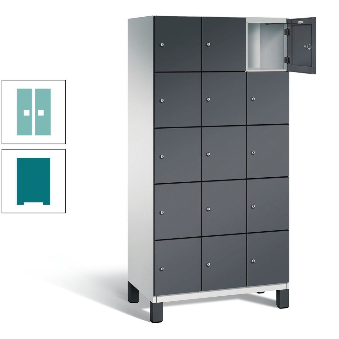 Fächerschrank, Stahlschrank, 15 Fächer, Türöffnungsbegrenzer, Füße, 1.980 x 900 x 525 mm (HxBxT), Korpus anthrazitgrau, Front anthrazitgrau