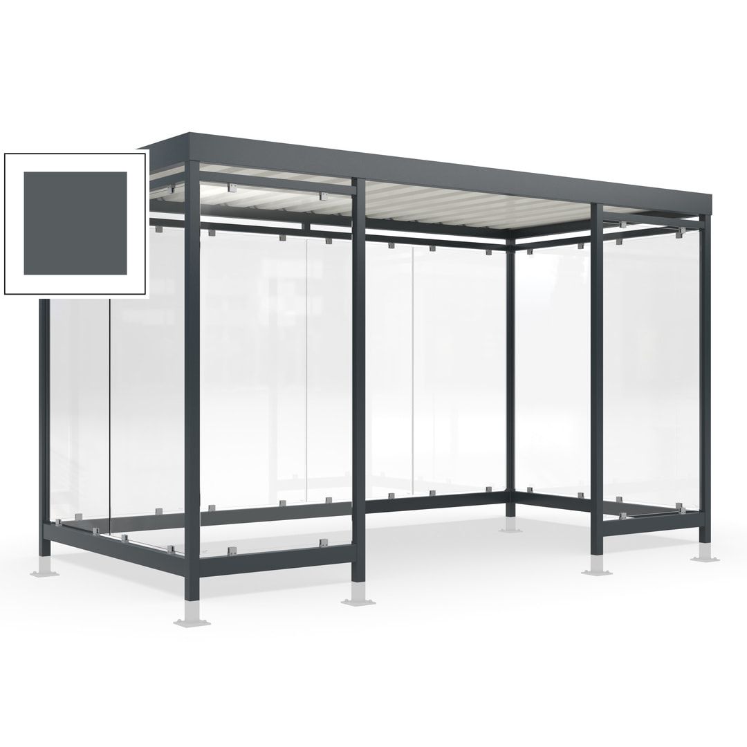 Raucherunterstand für 12-13 Personen, Bushaltestelle, mit Überpflasterung, 2.440 x 4.195 x 2.165 mm (HxBxT), 10 Wände, Achatgrau