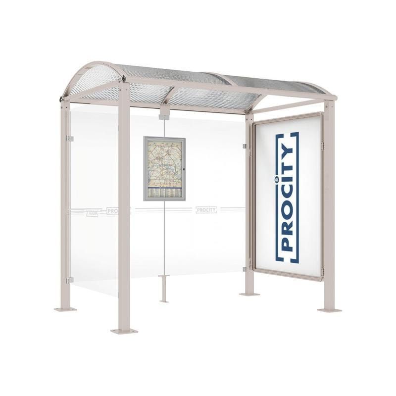 Buswartehalle, Unterstand, 1 Seitenwand, Schaukasten, feuerverzinkt, 2.500 x 2.500 x 1.600 mm (HxBxT), ESG, Fahrplanschaukasten, Farbe enzianblau