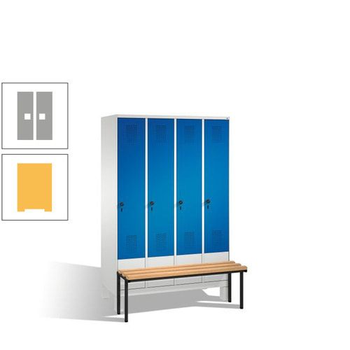 Stahl-Garderobenschrank, Spind, Buche Sitzbank vorgebaut, 4 Abteile a 300 mm, Korpus Lichtgrün, Tür Schwefelgelb, 1.850 x 1.200 x 815 mm (HxBxT)