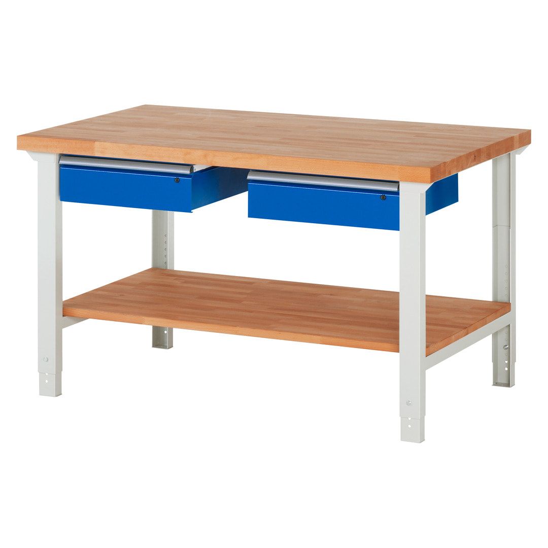 Werkbank mit Ablage - 2 Schubladen - 150:2 - höhenverstellbar 790 - 1.140 mm - 1.500 x 900 mm (BxT) - 750 kg - Buche - Anthrazitgrau