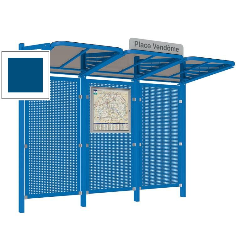 Buswartehalle - Unterstand - Stahlblech Rückwand - Fahrplankasten - Haltestellenschild - 2.200 x 3.000 x 1.500 mm (HxBxT) - enzianblau