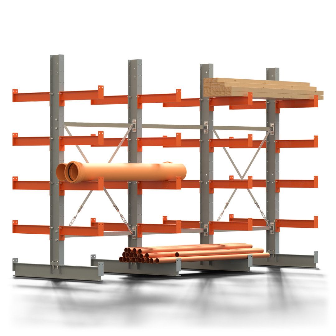 Doppelseitiges Kragarmregal, 2 Felder, 2.000 x 2.000 x 1.120 mm (HxBxT), Nutztiefe 500 mm, Kragarmlast 870 kg, KARL basic, silbergrau/reinorange