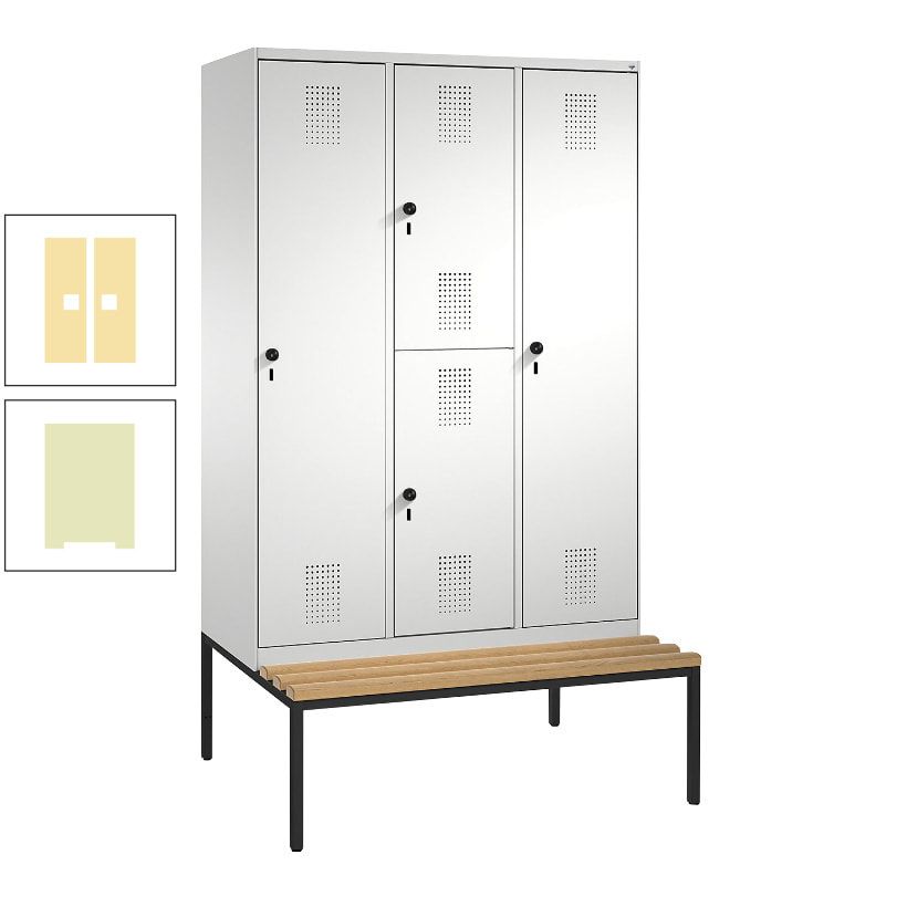 Garderobenschrank, Spind ein- und doppelstöckig Sitzbank, 3 Abteile, 4 Fächer, 2.090x1.200x500 mm (HxBxT), Front anthrazitgrau, Korpus anthrazitgrau
