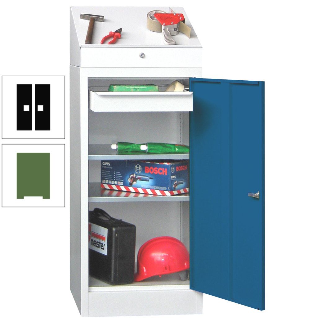 Stehpult mit Schrank - Vollblechtür - 1 Einlegeboden, 1 Ausziehboden, 1 Schublade - 1.270x500x500 mm (HxBxT) - anthrazitgrau