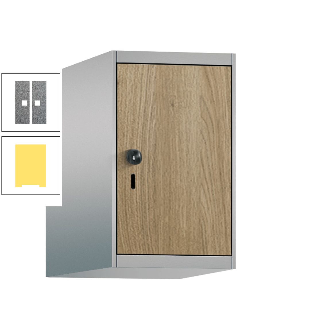 Aufsatzschrank, Schrankaufsatz, 1 Fach a 300 mm, Farbe Pastellgelb, Tür anthrazitgrau, 500 x 300 x 500 mm (HxBxT)
