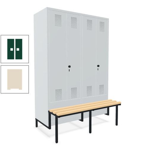 Doppel-Spind, Garderobenschrank, Buche Sitzbank integriert, 4 Abteile 300 mm, Korpus anthrazitgrau, Tür anthrazitgrau, 1.850 x 1.200 x 815 mm (HxBxT)