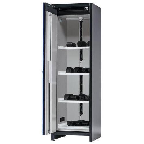 Sicherheitsschrank f.Li-Ion-Batterien, Anthrazitgrau/Enzianblau, 1.953 x 599 x 615 mm (HxBxT), Steckdosen, 4 Fachböden, Auffangwanne, Alarmkontakt