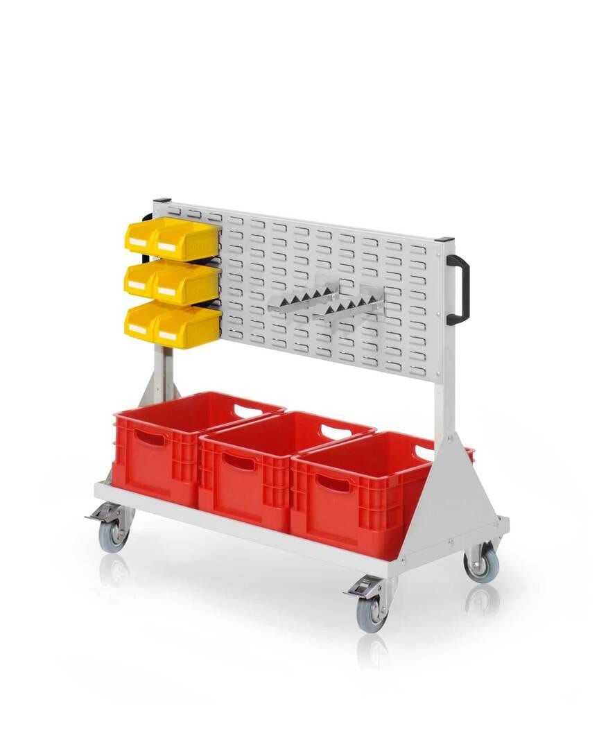 Mobiler Rollwagen, 2 Schlitzplatten, 6 Sichtlagerkästen, 3 Transportbehälter, Wellenträger, 890 x 1.000 x 500 mm (HxBxT), Anthrazitgrau (RAL 7016)