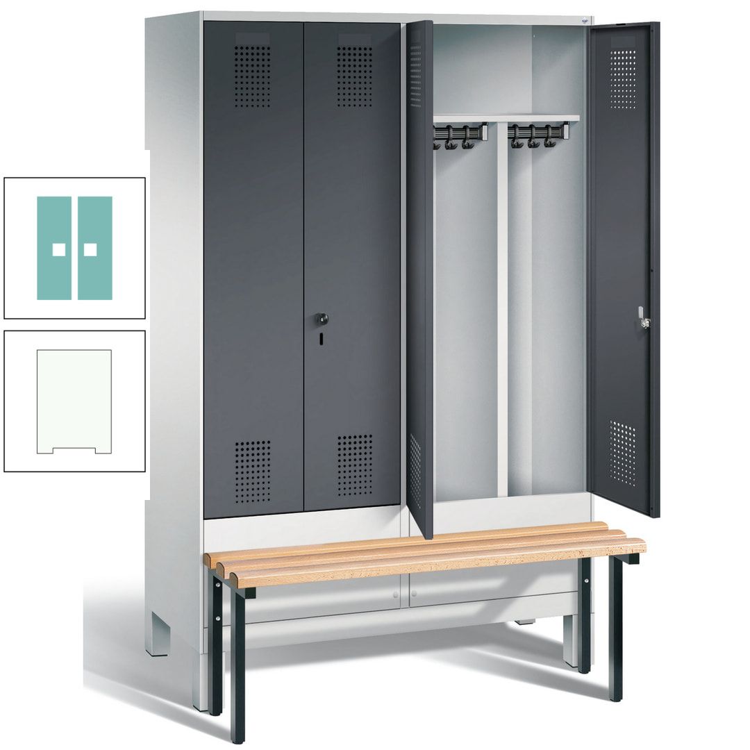 Doppel-Spind, Garderobenschrank, Buche Sitzbank vorgebaut, 4 Abteile a 300 mm, Korpus feuerrot, Tür Wasserblau, 1.850 x 1.200 x 815 mm (HxBxT)