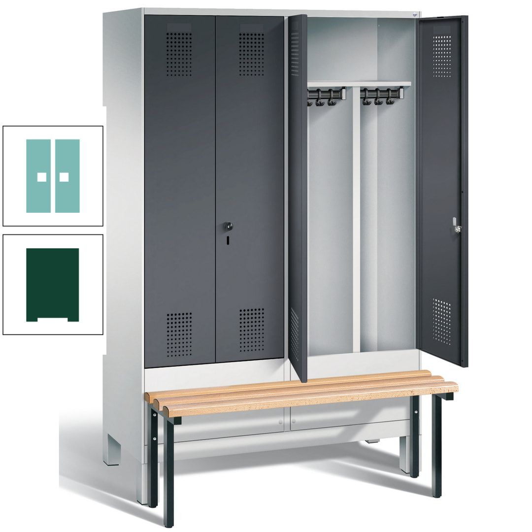 Doppel-Spind, Garderobenschrank, Buche Sitzbank vorgebaut, 4 Abteile a 300 mm, Korpus feuerrot, Tür Wasserblau, 1.850 x 1.200 x 815 mm (HxBxT)