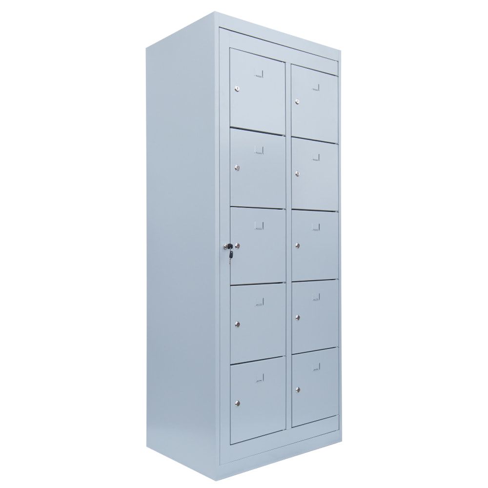 Verteilerschrank, Ausgabeschrank, Fächerschrank, Zentraltür, 2 Abteile, 10 Fächer, 1.800 x 740 x 500 mm (HxBxT), Korpus lichtgrau, Front enzianblau