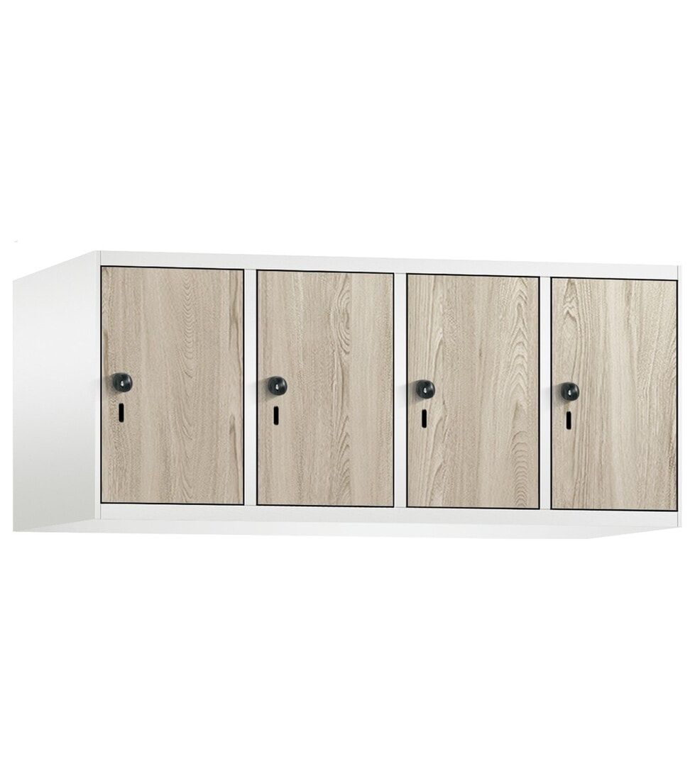 Aufsatzschrank, Schrankaufsatz, 4 Fächer a 300 mm, Korpus enzianblau, Dekorfront HPL Donau-Ahorn, 500 x 1.200 x 500 mm (HxBxT)