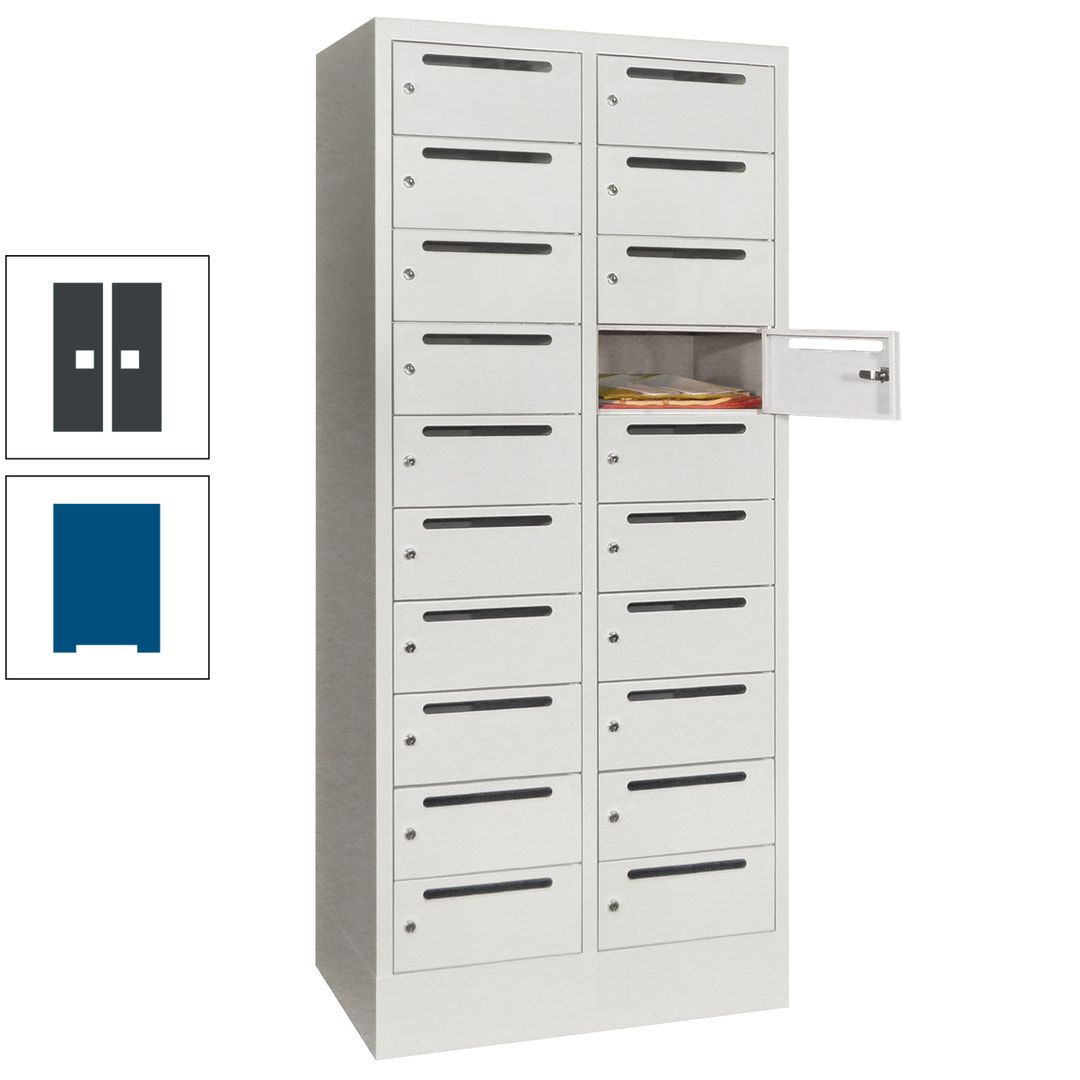 Postverteilerschrank, Schließfachschrank, 2 Abteile a 400 mm, 20 Fächer, 1.850 x 800 x 500 mm (HxBxT), Korpus anthrazitgrau, Front anthrazitgrau