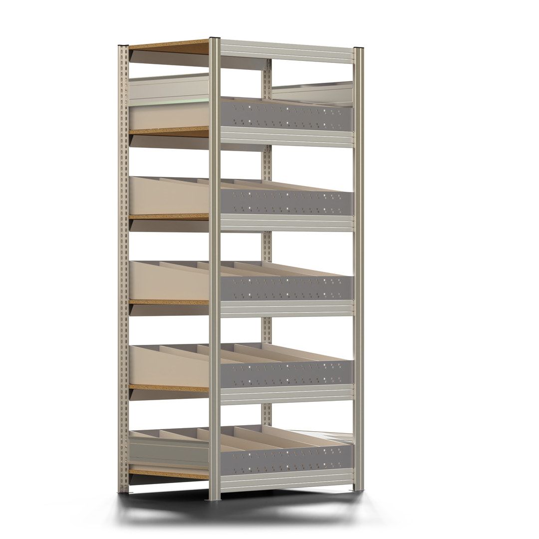 Schwerlast Schüttgutregal, Eisenwarenregal mit 5 x Schüttgut Ebene, 2.000 x 875 x 626 mm (HxBxT), verzinkt, Anbauregal, Steckregal, BERT