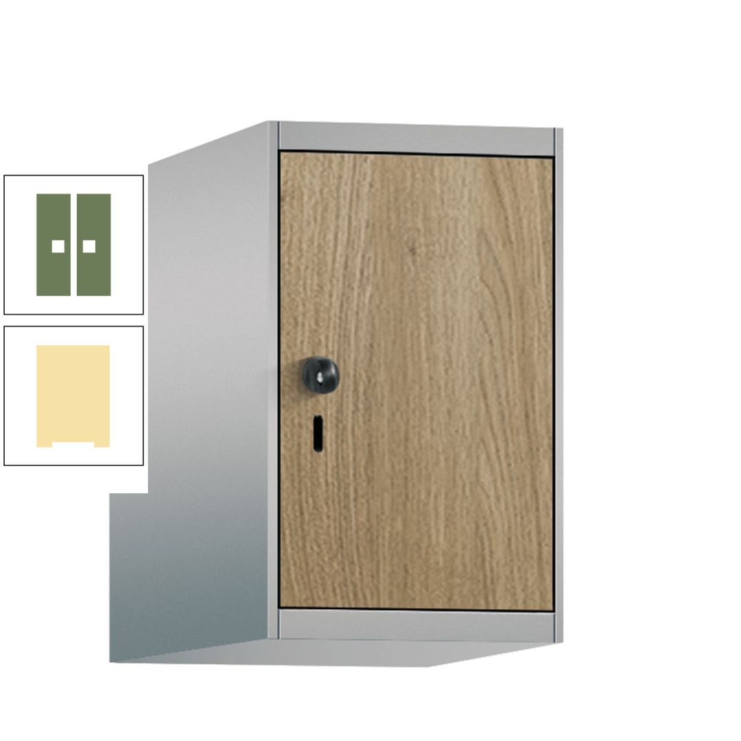 Aufsatzschrank, Schrankaufsatz, 1 Fach a 300 mm, Farbe Pastellgelb, Tür anthrazitgrau, 500 x 300 x 500 mm (HxBxT)