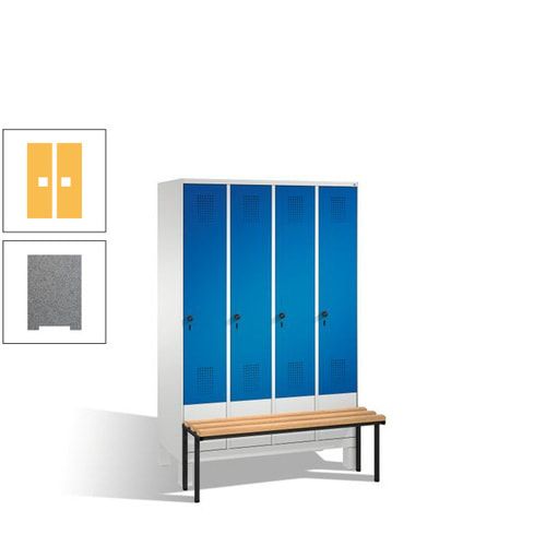 Stahl-Garderobenschrank, Spind, Buche Sitzbank vorgebaut, 4 Abteile a 300 mm, Korpus Lichtgrün, Tür Schwefelgelb, 1.850 x 1.200 x 815 mm (HxBxT)