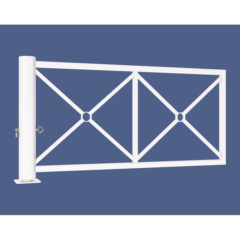Drehschranke, Schlagbaum, mit Dekoelement, Drehachse, arretierbar, Stahlrohr, 2.010 mm breit, Farbe enzianblau