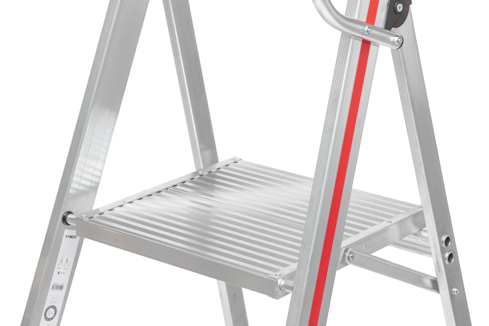 Plattformleiter mit kurzem Handlauf, Alu, vier schwenkbare Federrollen, Rutschhemmung R11, Leiterlänge 1.950 mm, 4 Stufen, Traglast 150 kg, Hymer