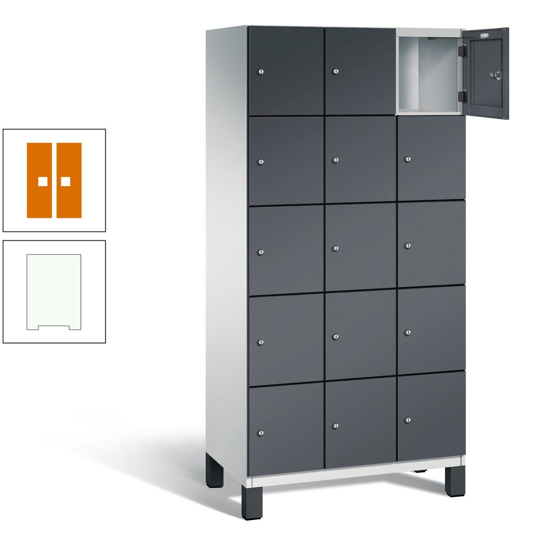 Fächerschrank, Stahlschrank, 15 Fächer, Türöffnungsbegrenzer, Füße, 1.980 x 900 x 525 mm (HxBxT), Korpus anthrazitgrau, Front anthrazitgrau