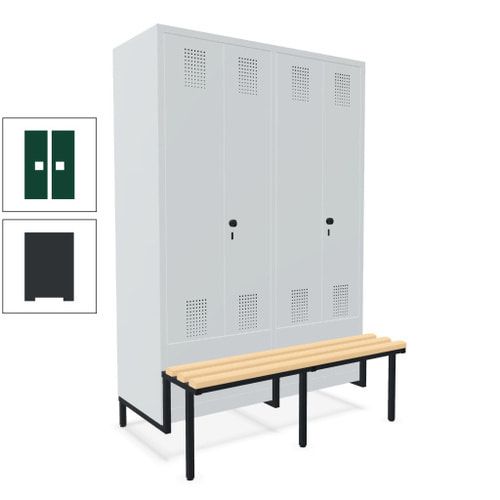 Doppel-Spind, Garderobenschrank, Buche Sitzbank integriert, 4 Abteile 300 mm, Korpus anthrazitgrau, Tür anthrazitgrau, 1.850 x 1.200 x 815 mm (HxBxT)