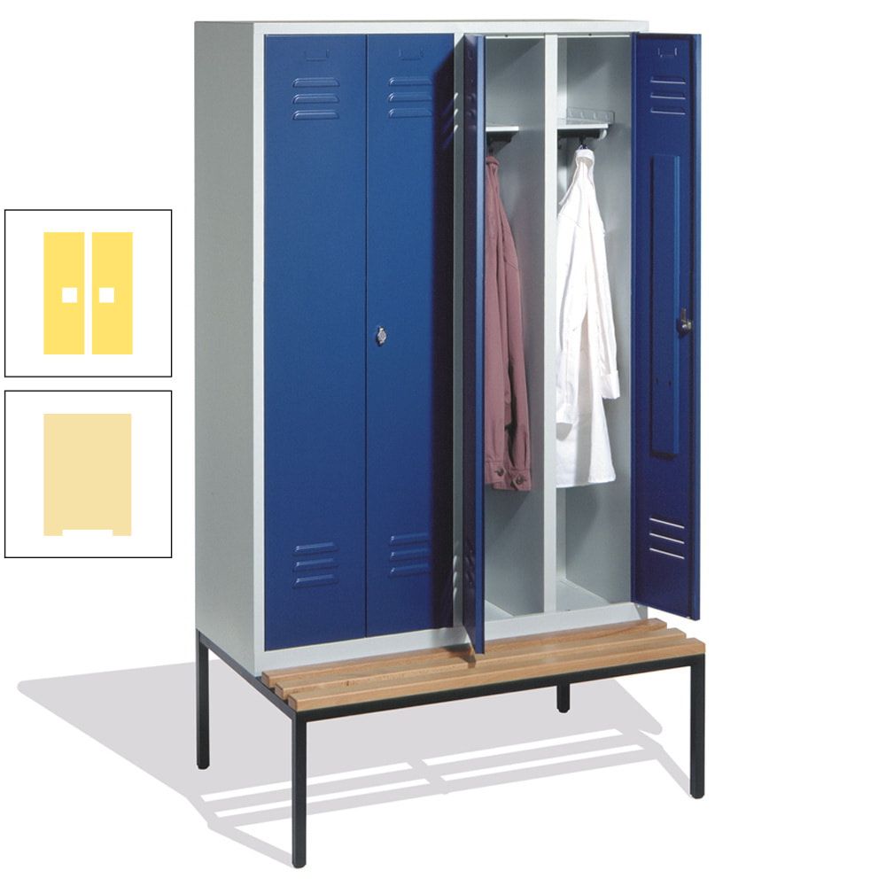 Doppel-Spindschrank, Buche Sitzbank untergebaut, 4 Abteile a 300 mm, Korpus lichtgrau, Tür anthrazitgrau, 2.090 x 1.190 x 815 mm (HxBxT)