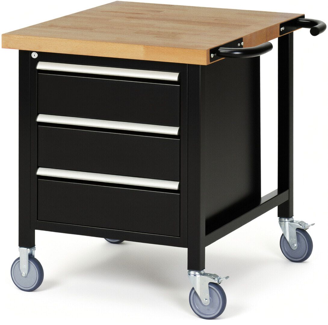 Mobile Werkbank - 3 Schubladen - Teilauszug - 180:3 - höhenverstellbar 880-1.080 mm - 750 x 900 mm - 450 kg - Buche - Anthrazitgrau