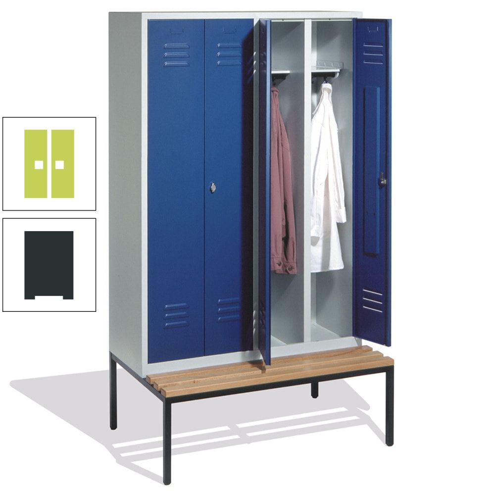 Doppel-Spindschrank, Buche Sitzbank untergebaut, 4 Abteile a 300 mm, Korpus lichtgrau, Tür anthrazitgrau, 2.090 x 1.190 x 815 mm (HxBxT)