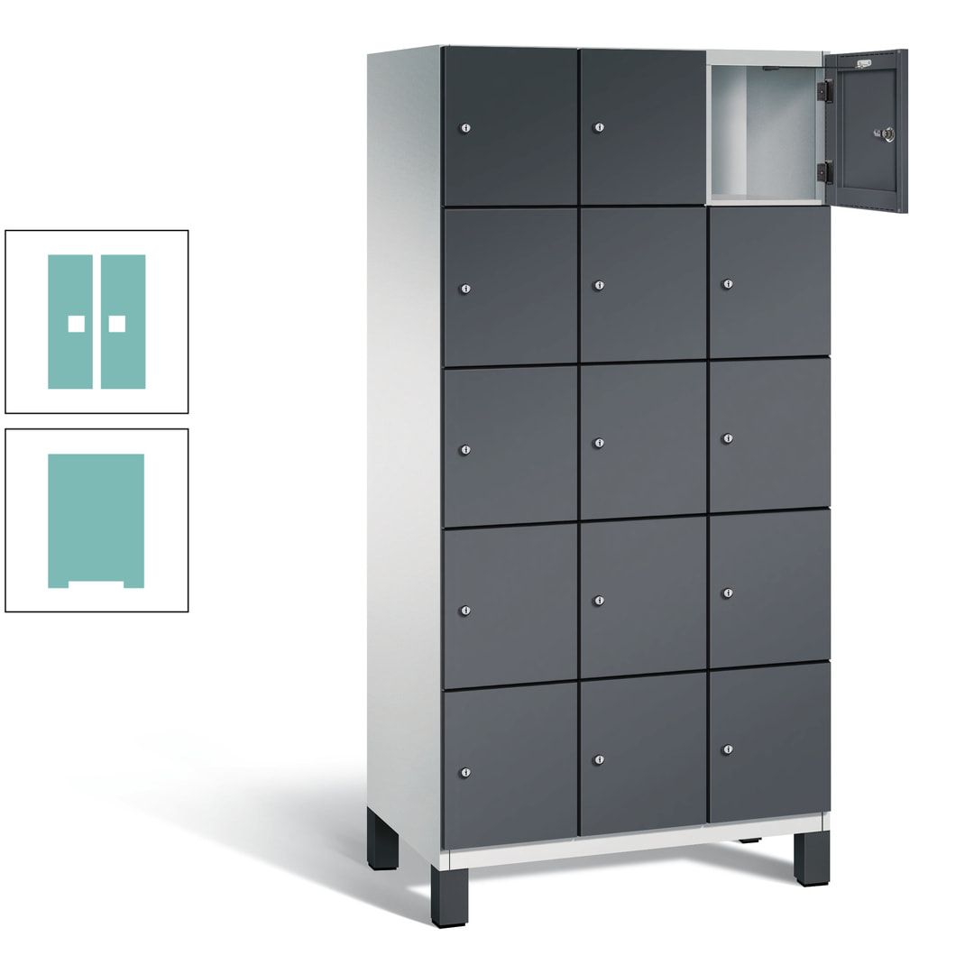 Fächerschrank, Stahlschrank, 15 Fächer, Türöffnungsbegrenzer, Füße, 1.980 x 900 x 525 mm (HxBxT), Korpus anthrazitgrau, Front anthrazitgrau
