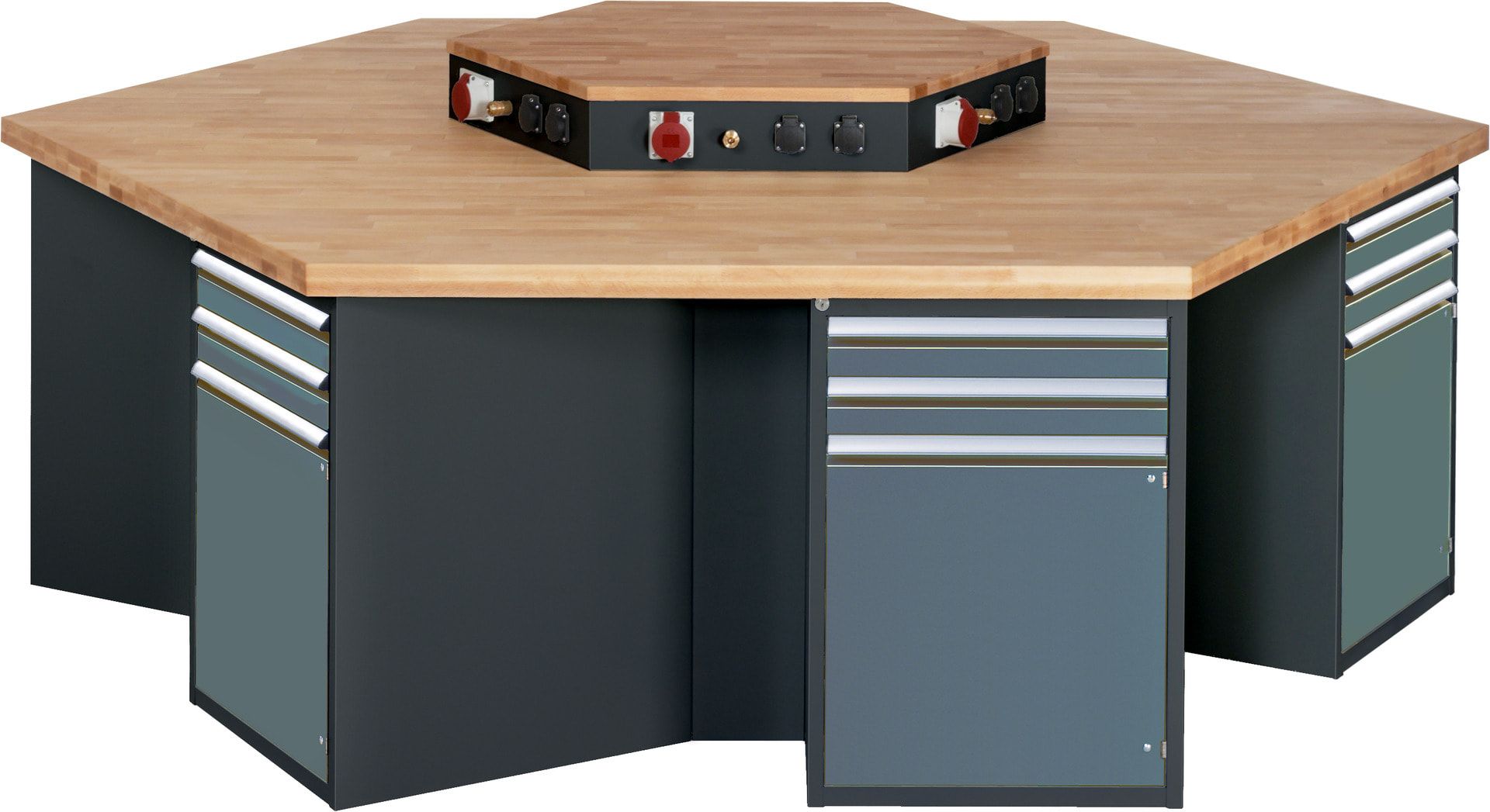 Gruppenwerkbank, Buche, Höhe 840 mm, mit Energieaufsatz, Unterbau-Container, 2 Schubladen, 1 Tür, 1 Boden - Anthrazitgrau