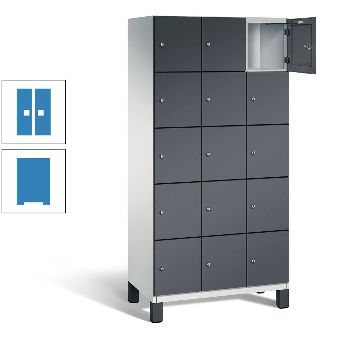 Fächerschrank, Stahlschrank, 15 Fächer, Türöffnungsbegrenzer, Füße, 1.980 x 900 x 525 mm (HxBxT), Korpus anthrazitgrau, Front anthrazitgrau