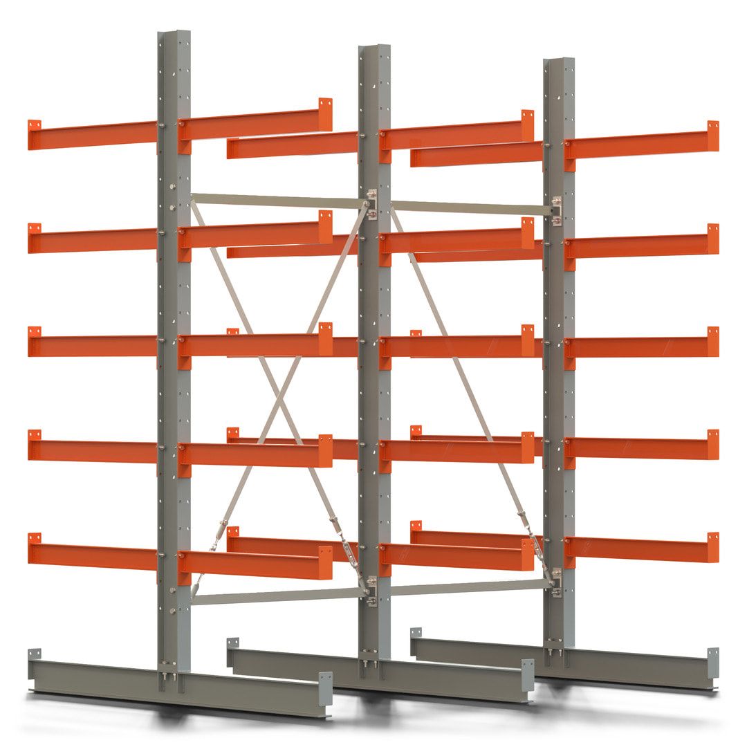 Doppelseitiges Kragarmregal, 2 Felder, 2.500 x 2.000 x 1.120 mm (HxBxT), Nutztiefe 500 mm, Kragarmlast 870 kg, KARL basic, silbergrau/reinorange