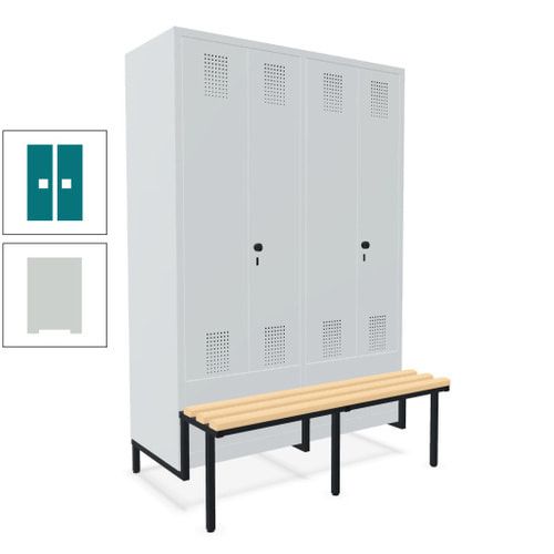 Doppel-Spind, Garderobenschrank, Buche Sitzbank integriert, 4 Abteile 300 mm, Korpus anthrazitgrau, Tür anthrazitgrau, 1.850 x 1.200 x 815 mm (HxBxT)