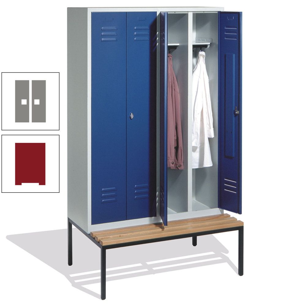 Doppel-Spindschrank, Buche Sitzbank untergebaut, 4 Abteile a 300 mm, Korpus lichtgrau, Tür anthrazitgrau, 2.090 x 1.190 x 815 mm (HxBxT)