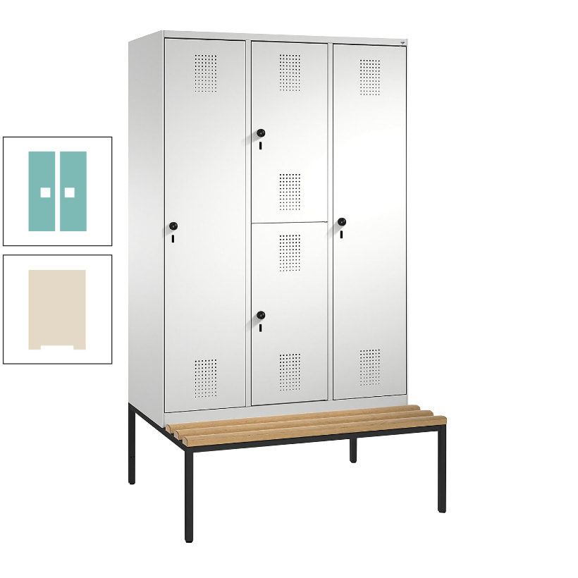 Garderobenschrank, Spind ein- und doppelstöckig Sitzbank, 3 Abteile, 4 Fächer, 2.090x1.200x500 mm (HxBxT), Front anthrazitgrau, Korpus anthrazitgrau