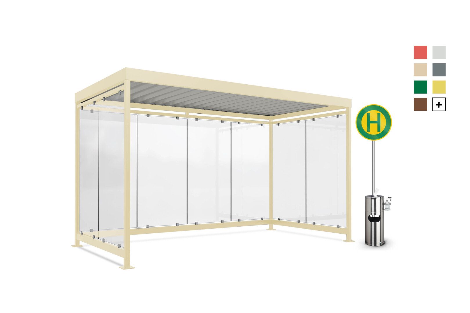 Fahrradunterstand, Raucherunterstand, Bausatz, 12-13 Personen, 2.510 x 4.195 x 2.165 mm (HxBxT), 8 Wände, Elfenbein