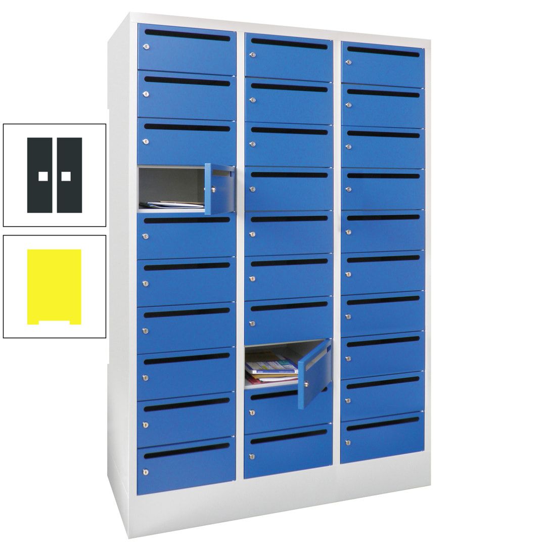 Postverteilerschrank, Schließfachschrank, 3 Abteile a 300 mm, 30 Fächer, 1.850 x 900 x 500 mm (HxBxT), Korpus anthrazitgrau, Front anthrazitgrau