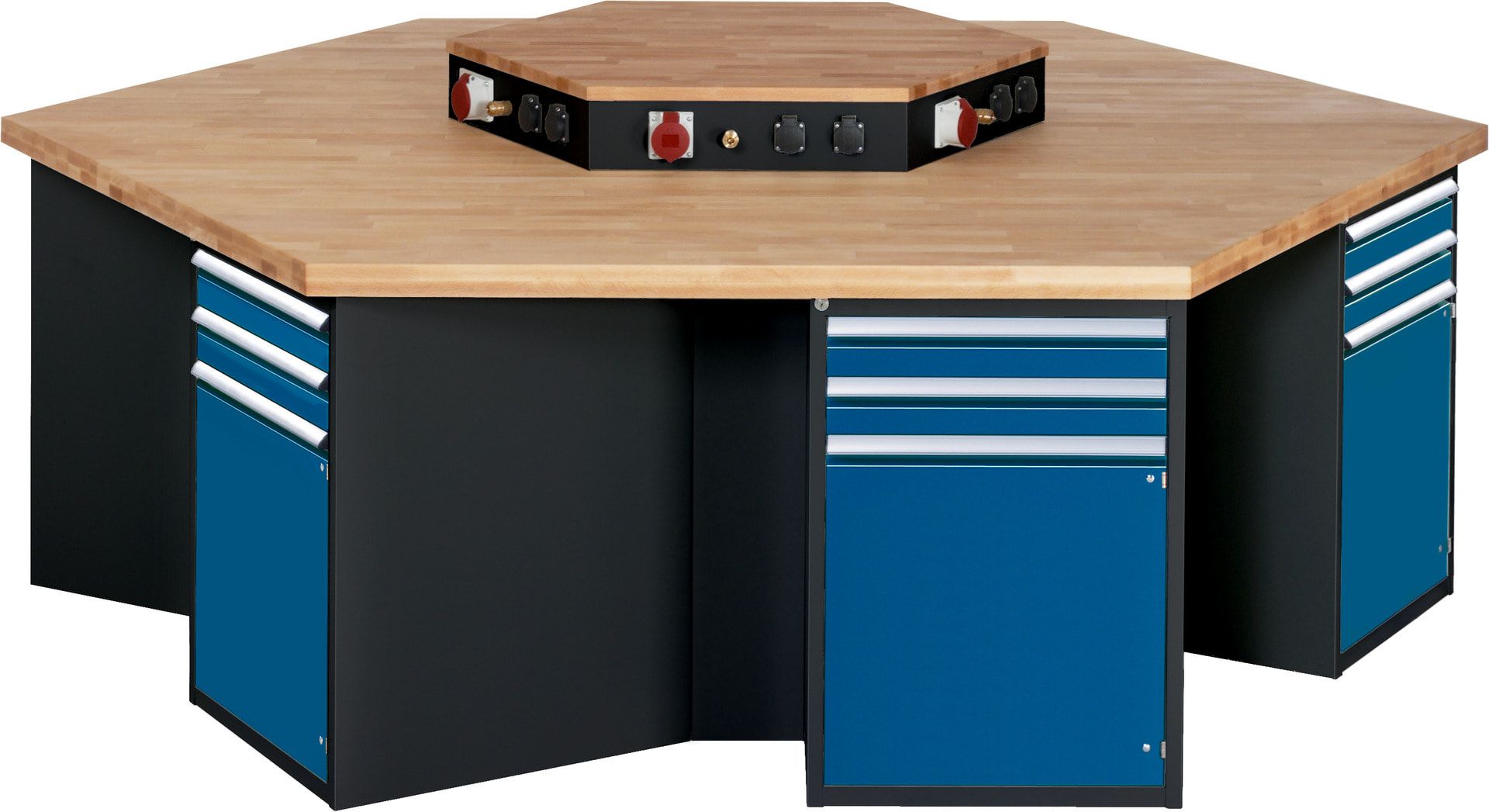 Gruppenwerkbank, Buche, Höhe 840 mm, mit Energieaufsatz, Unterbau-Container, 2 Schubladen, 1 Tür, 1 Boden - Anthrazitgrau