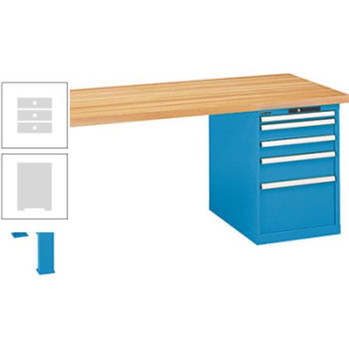 Werkbank, Buche Arbeitsplatte - Code Lock - Tragkraft 1.000 kg - 850 x 2.000 x 800 mm (HxBxT) - 4 Schubladen - Capriblau
