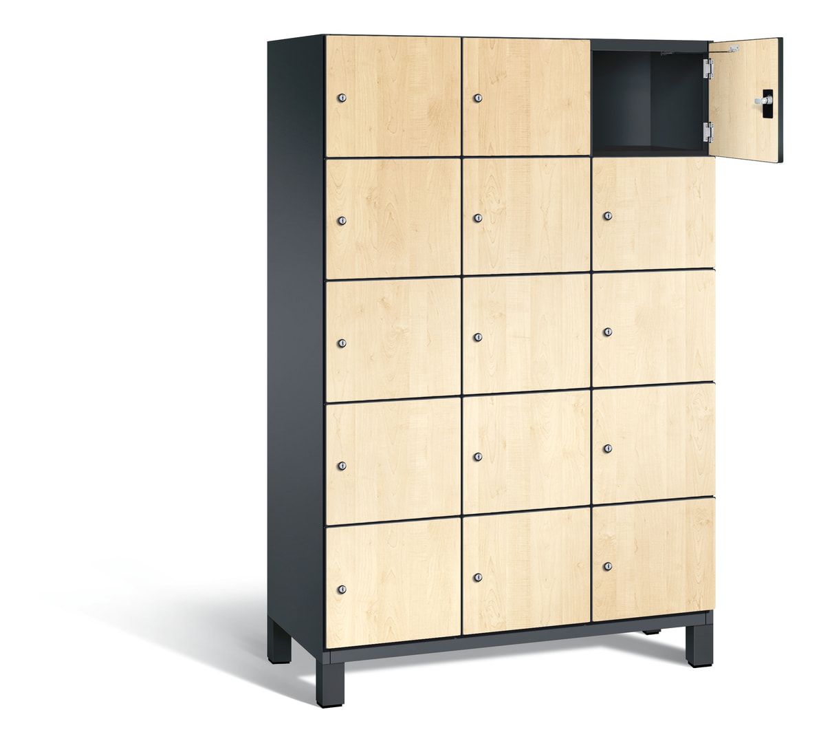 Fächerschrank, Stahlschrank, 15 Fächer, Türöffnungsbegrenzer, Füße, 1.980 x 1.200 x 525 mm, Korpus anthrazitgrau, Dekorfront HPL Donau-Ahorn