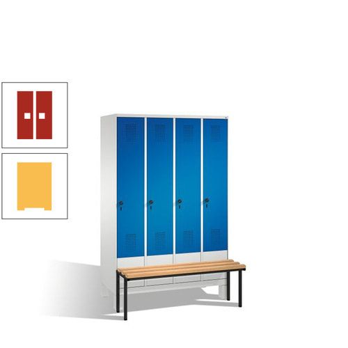 Stahl-Garderobenschrank, Spind, Buche Sitzbank vorgebaut, 4 Abteile a 300 mm, Korpus Lichtgrün, Tür Schwefelgelb, 1.850 x 1.200 x 815 mm (HxBxT)