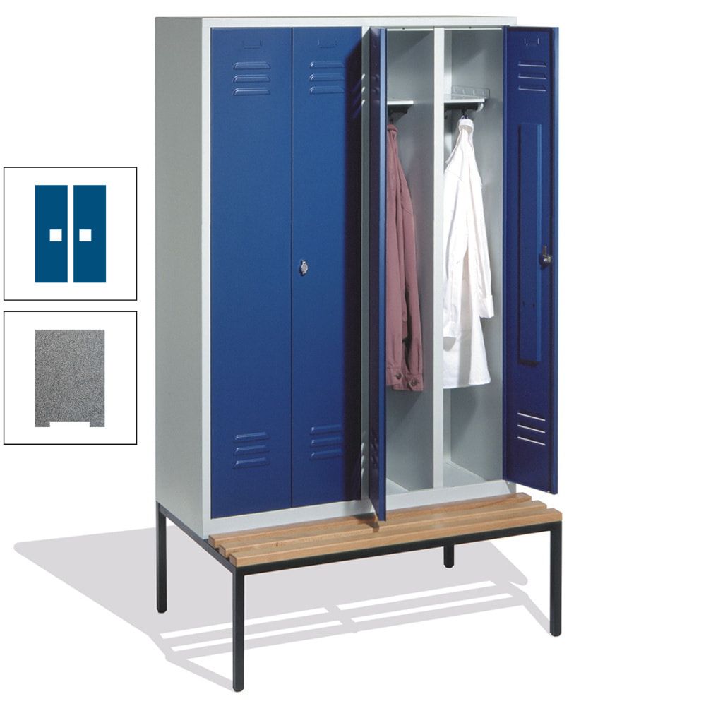 Doppel-Spindschrank, Buche Sitzbank untergebaut, 4 Abteile a 300 mm, Korpus lichtgrau, Tür anthrazitgrau, 2.090 x 1.190 x 815 mm (HxBxT)