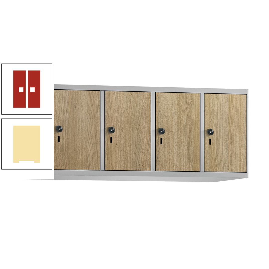 Aufsatzschrank, Schrankaufsatz, 4 Fächer a 300 mm, Farbe Pastellgelb, Tür anthrazitgrau, 500 x 1.200 x 500 mm (HxBxT)