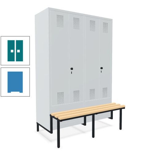 Doppel-Spind, Garderobenschrank, Buche Sitzbank integriert, 4 Abteile 300 mm, Korpus anthrazitgrau, Tür anthrazitgrau, 1.850 x 1.200 x 815 mm (HxBxT)